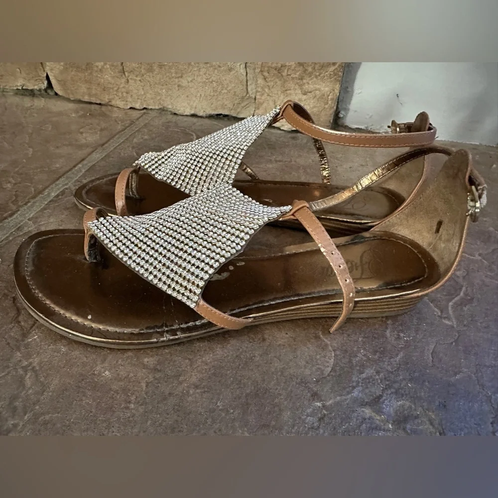 Fergie Flat Rhinestone Diamond Patch Sandals, Tan 9